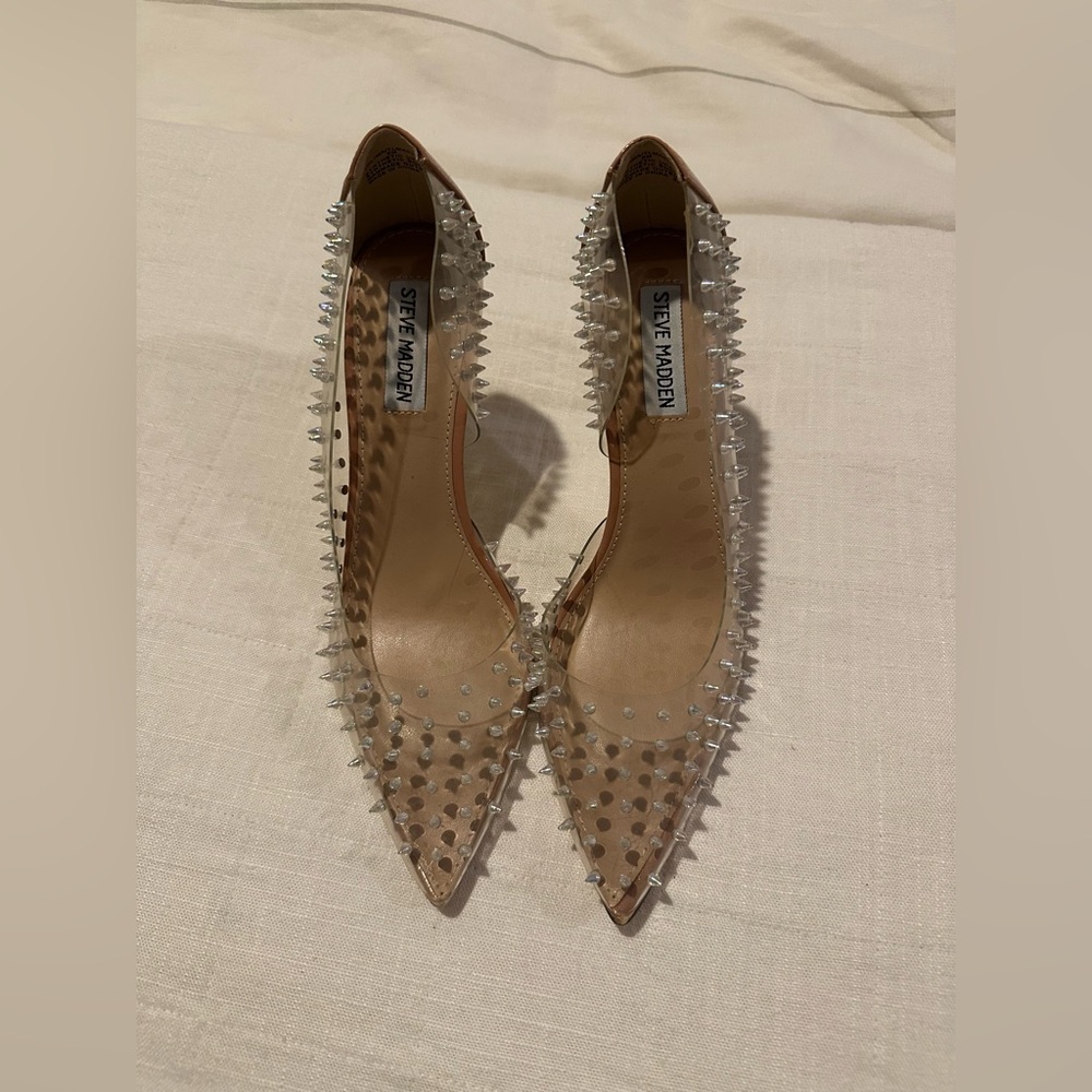 Steve Madden Tolima Clear Ecru Spiked Stiletto Heels, 8M